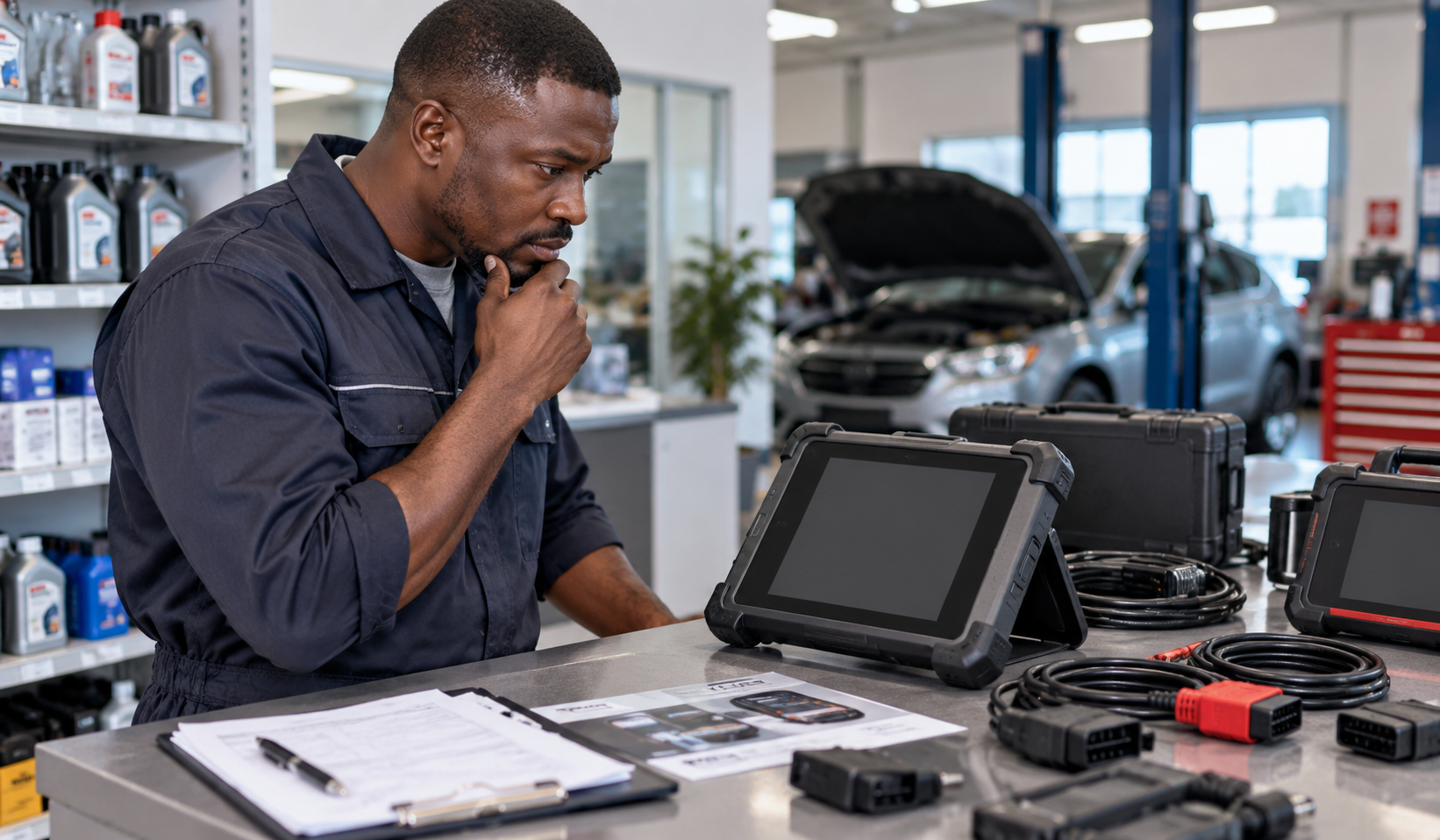 Workshop technician using a diagnostic machine for sale by Launch SA - Launch SA - Launch SA Diagnostic machine for sale at Launch SA showroom in Bedfordview